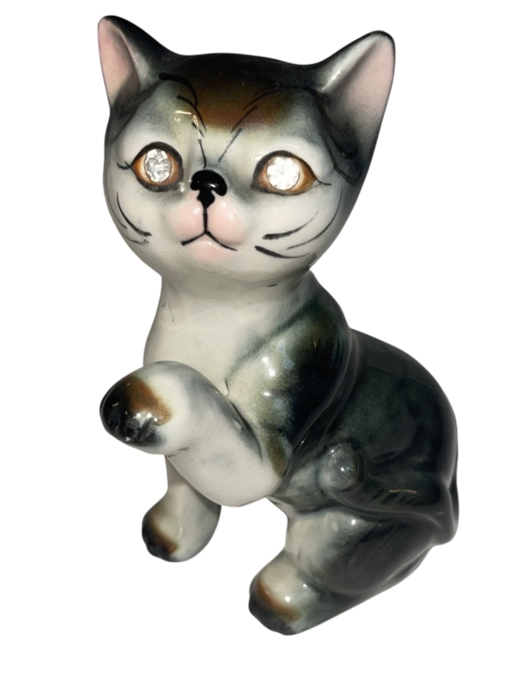 Vintage MCM Hand Painted Pacific Ceramic Standing Kitten Cat Japan Rhinestone